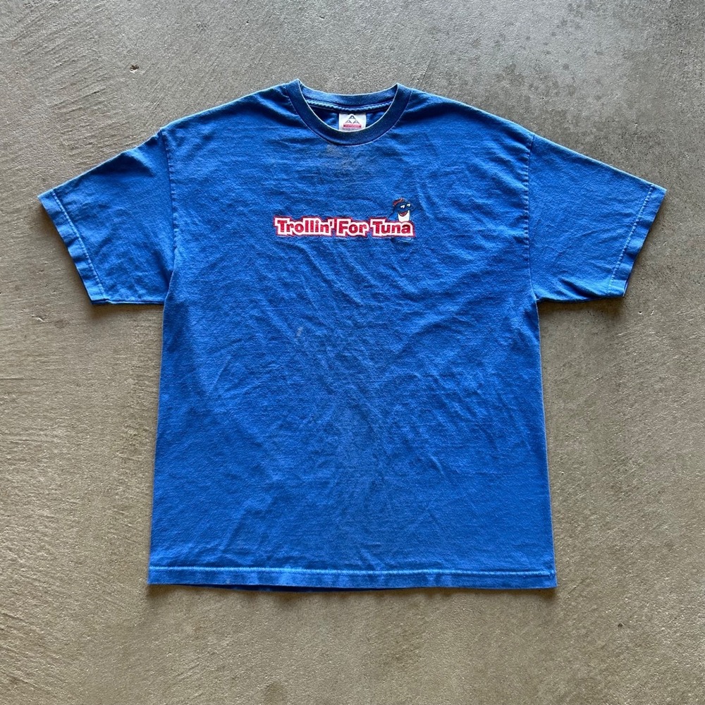 Vintage Trollin For Tuna Shirt Size XL Blue Y2K Shark Fishing Funny Humor